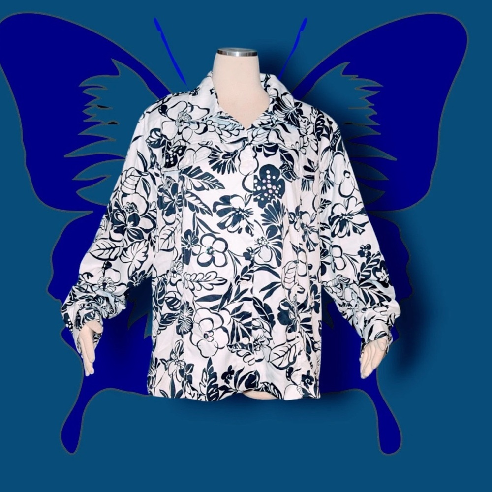 ALFRED DUNNER Sequin Jacket Womens 14 White Navy Blue Floral Shirt Shacket - Picture 4 of 9